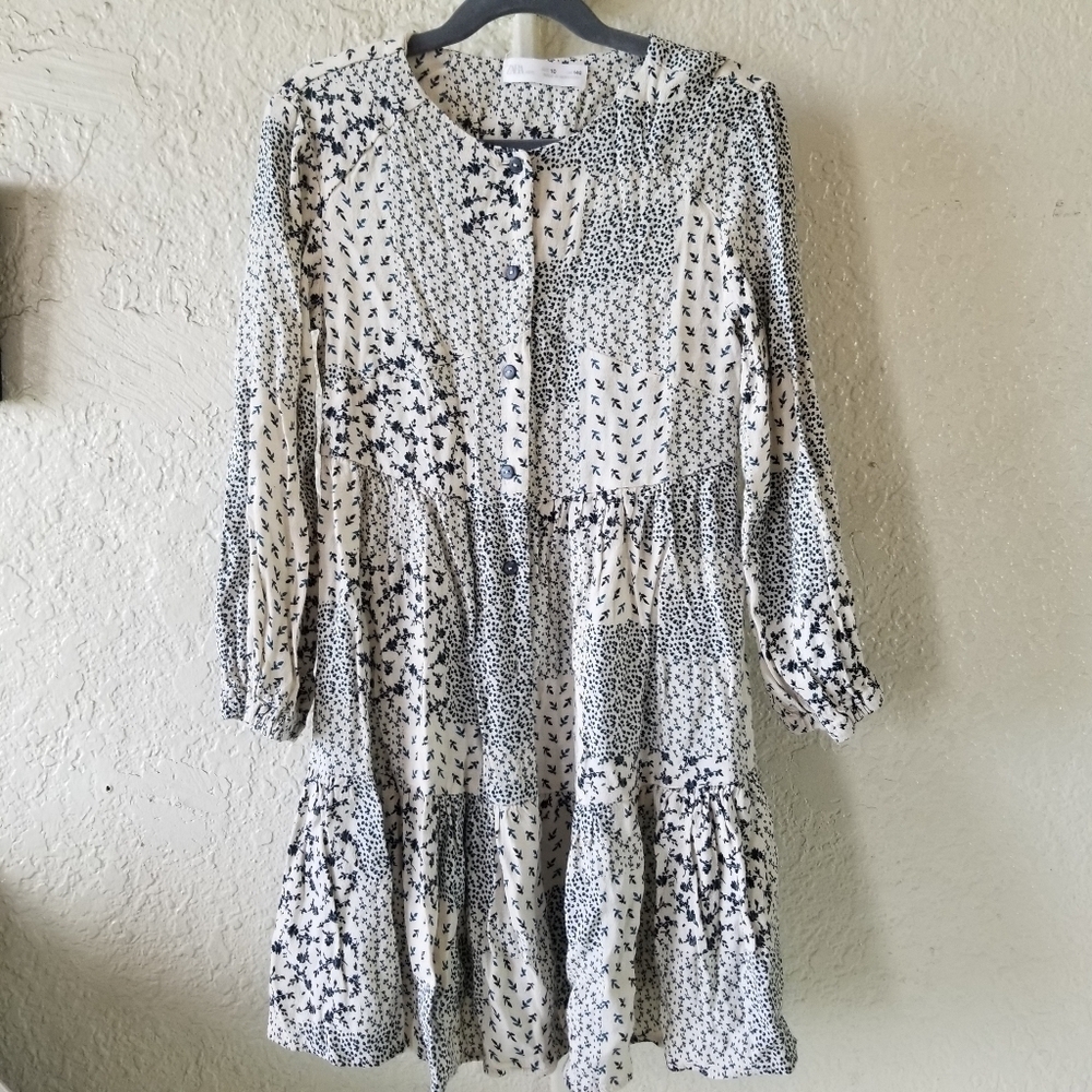 Zara White and Black Patchwork Print Kids Casual Dress